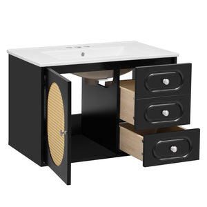 English Elm 30" Mid-Century Bathroom Vanity with Ceramic Sink, Rattan Accent, 2 Soft-Close Drawers, Large Storage Space N710P265954B