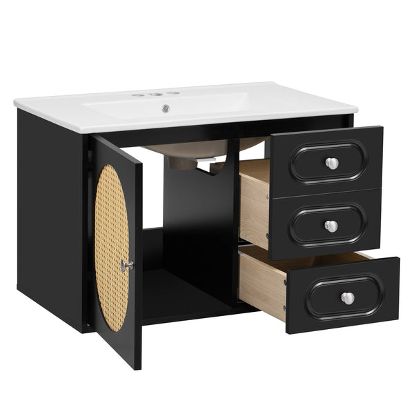 English Elm 30" Mid-Century Bathroom Vanity with Ceramic Sink, Rattan Accent, 2 Soft-Close Drawers, Large Storage Space N710P265954B