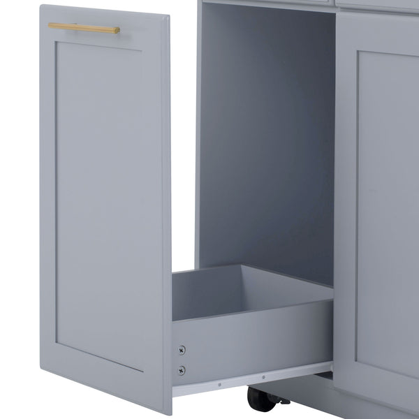 English Elm K&K Vintage Kitchen Island with Rubberwood Top, Hidden Wheels, Pull-Out Trash & Charging Station Grey+Blue N707P299014G