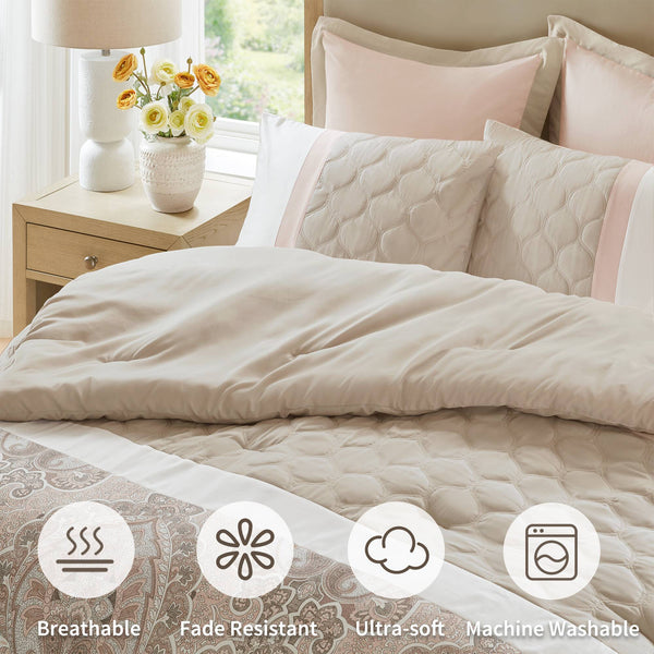 JLA Home 510 Design - 8 Shawnee 8-piece Comforter Set Blush Taupe Diamond Quilting Damask Accents Hypoallergenic Microfiber 5DS10-0224