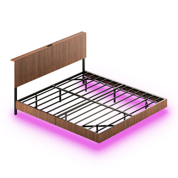 English Elm Oak Queen Floating Bed Walnut Finish Wavy Headboard Led Lighting Built in Charging W1820P408090