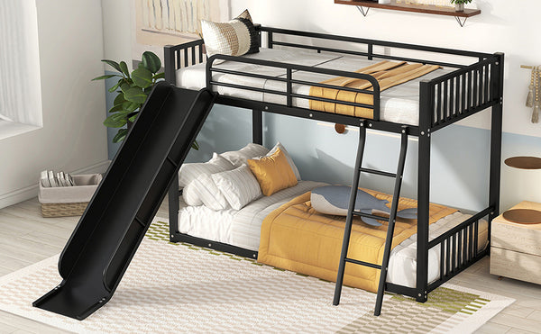 English Elm Metal Bunk Bed with Slide Twin over Twin Stylish Space-Saving Metal Frame, Safe Stairs & Playful Slide Fun Black MF285671AAB