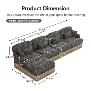 English Elm 131"comfy Chenille Leopard Print Sectional Sofa with Tassel Trim and Movable Ottoman Khaki W5656S00026