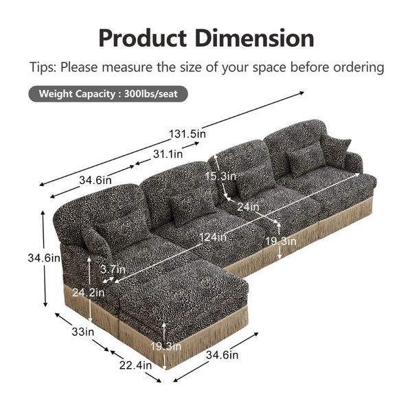 English Elm 131"comfy Chenille Leopard Print Sectional Sofa with Tassel Trim and Movable Ottoman Khaki W5656S00026