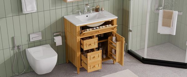 English Elm 30" Pine Wood Bathroom Vanity with Ceramic Sink Soft Close Drawers and Vintage Knobs N725P375498N