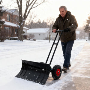 English Elm 30" Carbon Steel Snow Pusher with Wheeled Frame and Adjustable Ergonomic Handle W1422P362636