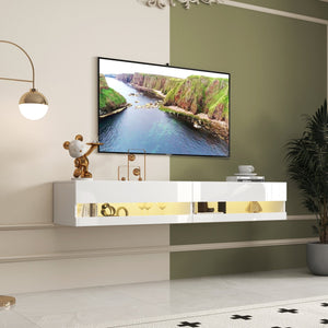 English Elm 180 Wall Mounted Floating 80" TV Stand with 20-Color LED Accent Lighting and Built-In Charging Station White W331P225207