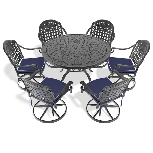 English Elm 7-Piece All-Weather Cast Aluminum Dining Set With 6 Swivel Chairs & Cushions - Stylish Patio Comfort W1710S00346