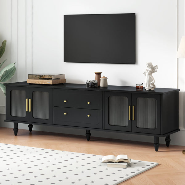 English Elm ON-TREND Retro Fluted Glass TV Stand for TVs up to 78" — Vintage Media Console with 2 Drawers, 2 Cabinets, Durable Black Finish WF325997AAB