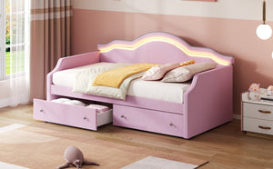 English Elm Twin Upholstered Daybed with Built-In LED & 2 Drawers, Velvet Platform Bed with Solid Wood Frame, Modern Curved Backrest, Twin Size, No Box Spring Needed Pink N7500001851H