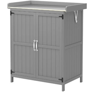 English Elm Wooden Garden Potting Bench with Fir Construction Steel Top and Weatherproof Tool Cabinet T3971P423122