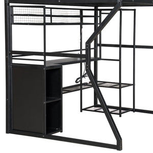 English Elm Full Size Metal Gaming Loft Bed With Workstation, Led Lights, Storage Solutions & Open Wardrobe N7090000666B