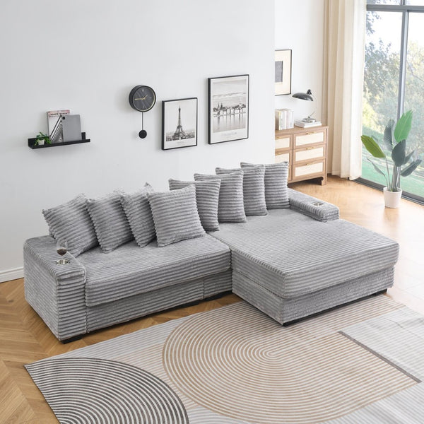 English Elm 111.4 Inch Corduroy Sectional Sofa with Cup Holders Reversible Chaise Living Room W1658P263415