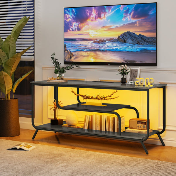 English Elm There TV Stand with LED Lights, Power Outlets & 2 Fabric Drawers for 55-75" TVs, App-Controlled Ambience and Ample Storage Light Gray W2977P224348
