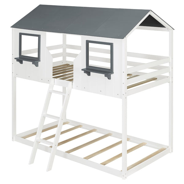English Elm Twin Over Playhouse Bunk Bed Solid Pine Frame with Roof Windows Guardrail LT100045AAK-1