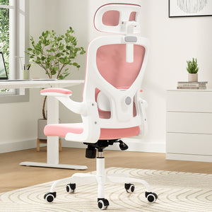 English Elm Ergonomic Office chair with adjustable headrest and lumbar support, breathable mesh, space-saving design Pink,White T3623P368569
