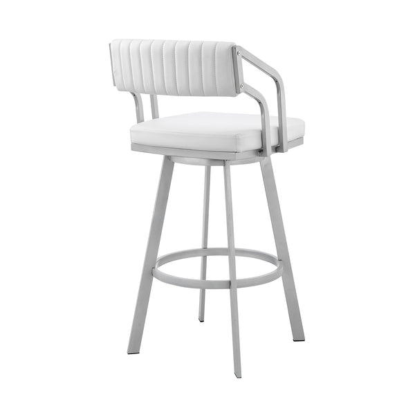 English Elm Palesa Swivel 26" White Faux Leather Bar Stool with Silver Metal Frame, 360° Swivel, Stable Seat B2736P268622
