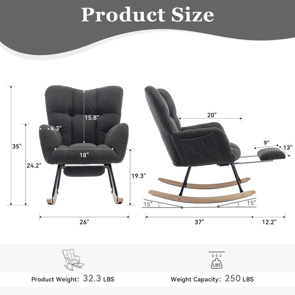 English Elm 067-teddy Fabric High Back Nursery Rocking Chair with Adjustable Footrest and Storage Pocket Dark Gray W527P420906