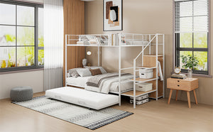 English Elm Twin Metal Bunk Bed with Trundle, Lateral Storage Ladder & Wardrobe | Space-Saving Durable Design White SF000173AAK