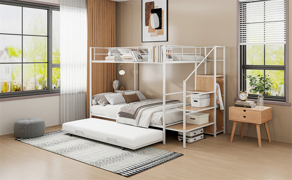 English Elm Twin Metal Bunk Bed with Trundle, Lateral Storage Ladder & Wardrobe | Space-Saving Durable Design White SF000173AAK