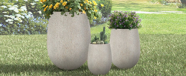 English Elm U_style Set of 3 Egg Shaped Mgo Stone Look Planters with Drainage Patio Garden N711P406659E