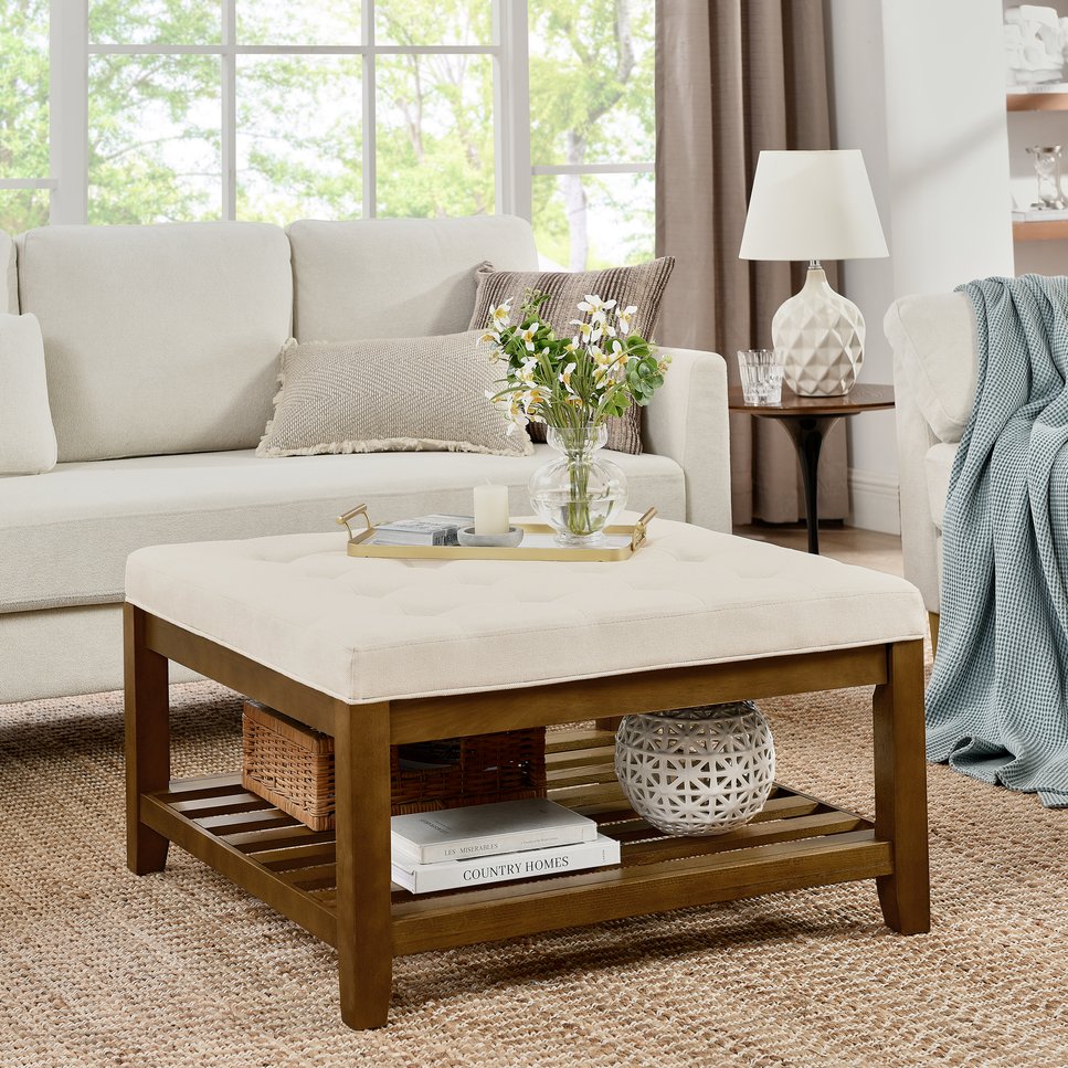 English Elm Upholstered Tufted Linen Square Ottoman Coffee Table with Beech Wood Shelf, 33.5" Large Ivory, Multiuse W2353P183805