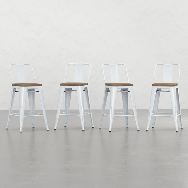 English Elm Keeley 24in Metal and Solid Elm Wood Counter Stools Set of 4 — Curved Backs, Footrests, Durable Finish White B2732P253613