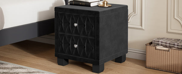 English Elm Elegant Velvet Upholstered Nightstand with Crystal Knobs Tufted Glam Bedside Storage Black N733P210398B
