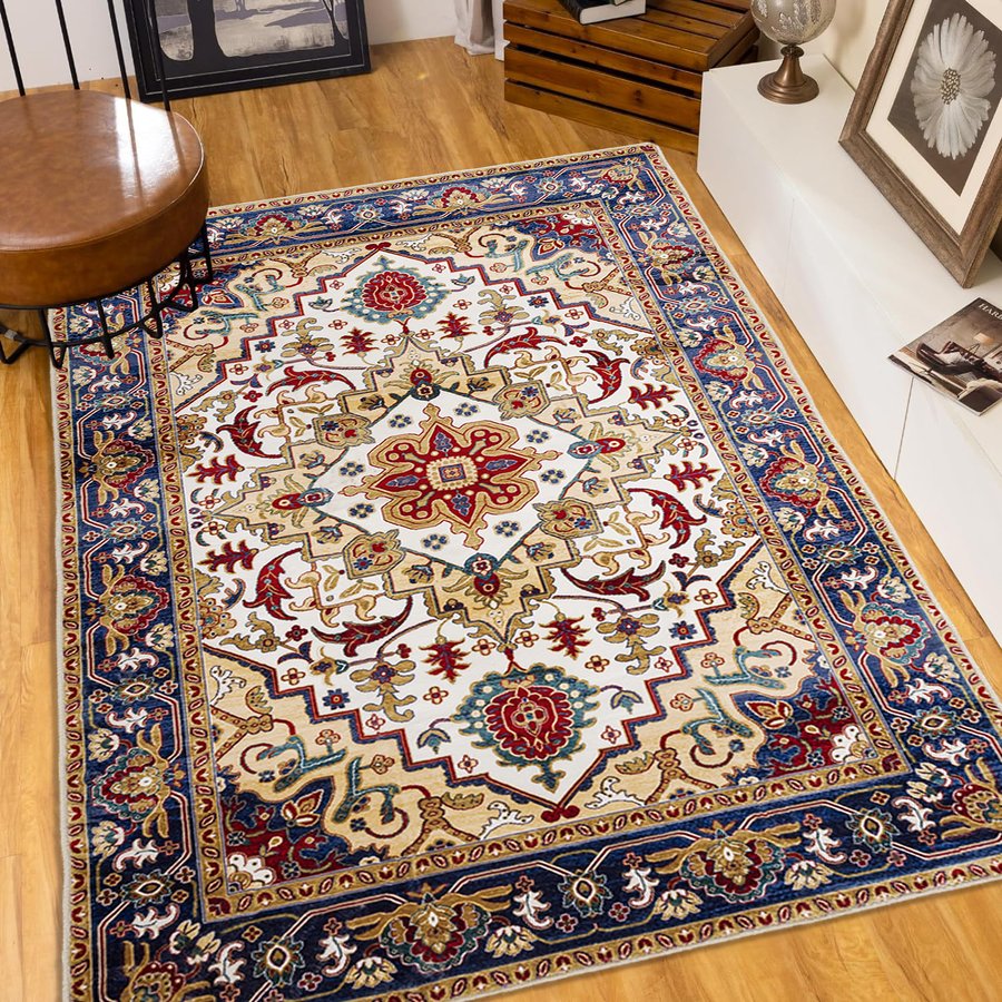 English Elm Area Rug 6X9 Vintage Bohemia Floral Design In Blue/Gold - Non-Slip, Washable & Perfect For Any Room! W2907P265116