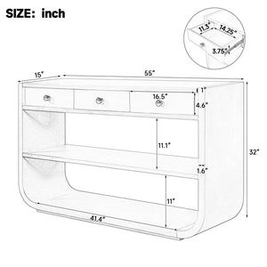 English Elm [video] Sculptural Console Table Pine Wood Curved Legs Soft-close Drawers Open Shelving Entryway Natural N759P433560N