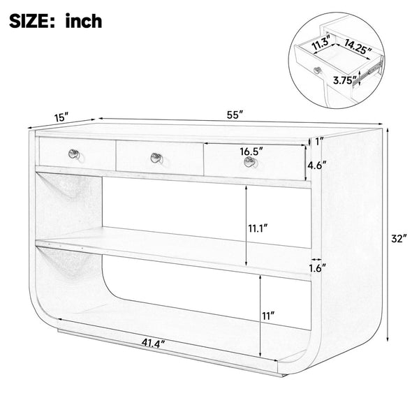 English Elm [video] Sculptural Console Table Pine Wood Curved Legs Soft-close Drawers Open Shelving Entryway Natural N759P433560N