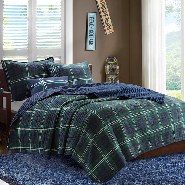 JLA Home Mi Zone - Reversible quilt set with plaid face and solid reverse, pre-washed cotton fill, antimicrobial finish, cabin-inspired style 90 L x 86 W x 0.25H MZ80-294