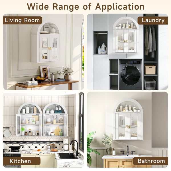English Elm Wall Mounted Arched Cabinet Tempered Glass Doors Led Lighting Adjustable Shelves Bathroom White T3210P471554