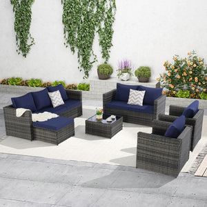 English Elm 6 Piece Outdoor Modular Sectional with Pe Wicker Cushioned Seating and Tempered Glass Table Dark Blue W874S00061