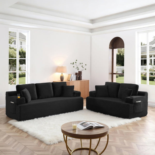English Elm Boneless Floor Sofa Corduroy Upholstered 5 Seat Low Profile with Cup Holders for Living Room Black W1117S00435
