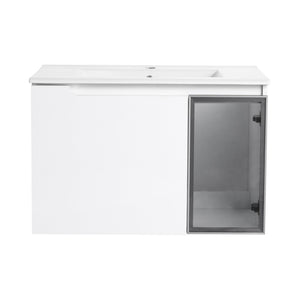 English Elm 30" Floating Bathroom Vanity Glossy White Plywood Cabinet with Frosted Glass Door W999S00524