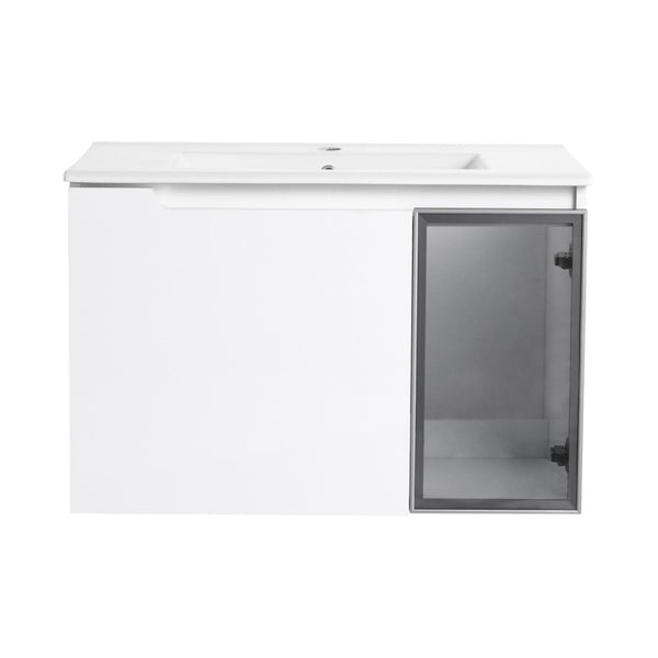 English Elm 30" Floating Bathroom Vanity Glossy White Plywood Cabinet with Frosted Glass Door W999S00524