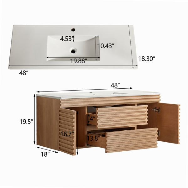 English Elm 48" Floating Bathroom Vanity with Ceramic Basin Two Drawers and Cabinet Storage W1826P308973