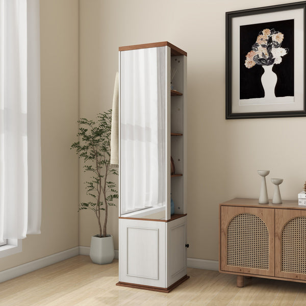 English Elm 360° Rotating Storage Cabinet with Full-Length Mirror, 8 Shelves, Hooks & Door Shelf, Antique White Elegance W1120P304293