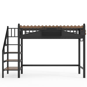 English Elm Twin Xl Metal Loft Bed with Stair Storage Shelves Sturdy Steel Frame for Dorms W1580S00377