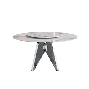 English Elm 59.05" Round Marble Dining Table With Silver Base, Durable Artificial Stone, Seats 6-8, Turntable Included W1535S00396