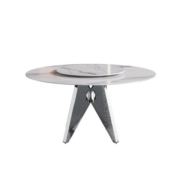 English Elm 59.05" Round Marble Dining Table With Silver Base, Durable Artificial Stone, Seats 6-8, Turntable Included W1535S00396