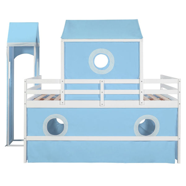 English Elm Full Size Castle Loft Bed with Slide Pink Tent Tower Pinewood Kids Play Frame LT000771AAC-1