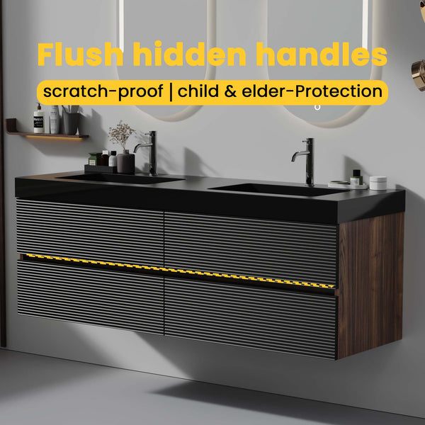 English Elm Grace 60" Walnut Floating Bathroom Vanity With Matt Black Quartz Sink And Soft-Close Drawers, Modern Style W1865P281505