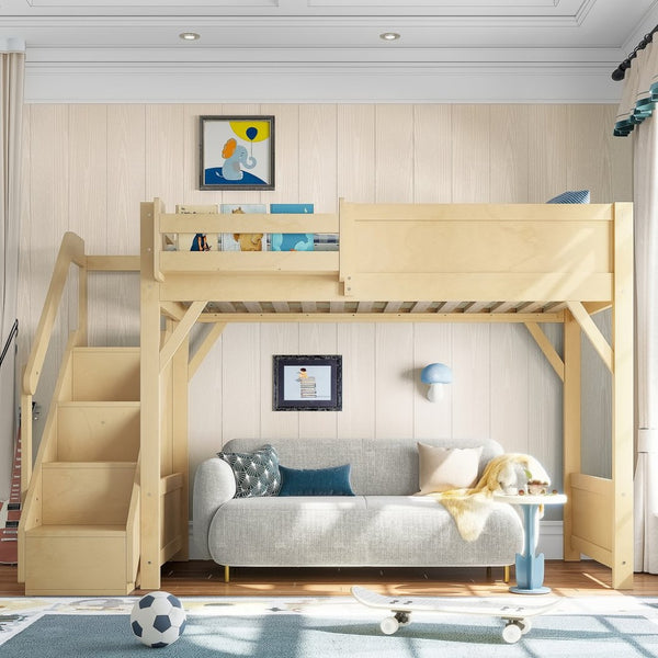 English Elm Twin Low Loft Bed Solid Pine Frame Kids Study Desk Blackboard Storage White Natural W1580S00547