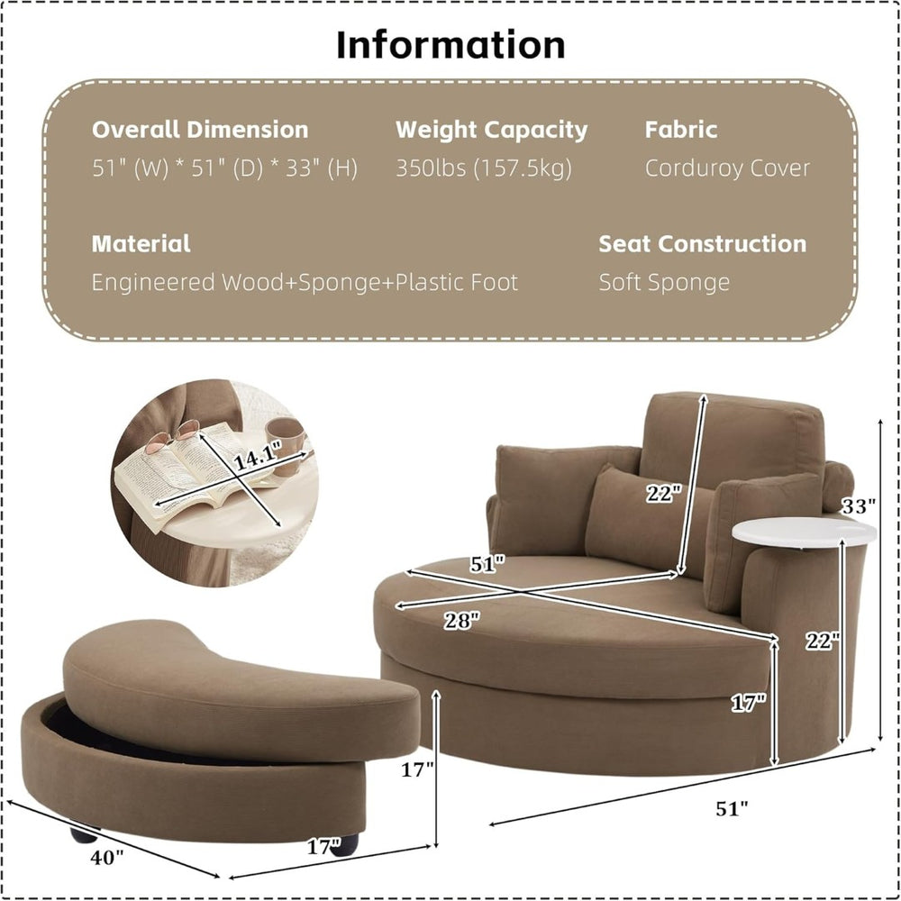English Elm Round Corduroy Accent Chair and Crescent Storage Stool Set for Modern Living Rooms W308S00211