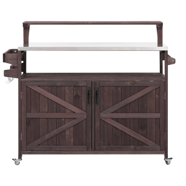 English Elm K&K 53.3" Outdoor Kitchen Island with 1.2" Stainless Top, Spacious Storage, Raised Shelf, Wheels Brown N707P250628Z