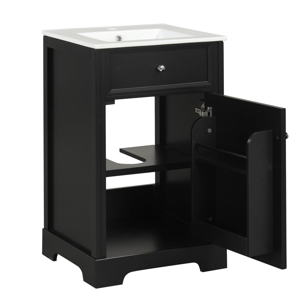 English Elm 20" Bathroom Vanity with Ceramic Sink, MDF Construction, Soft-Closing Door, Storage Rack & Shelf Black N725P218017B