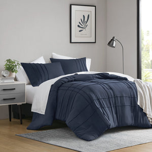English Elm 3-piece Cal King Pintuck Pleated Microfiber Comforter Set Soft Washed Tailored Bedding Navy B035P463227