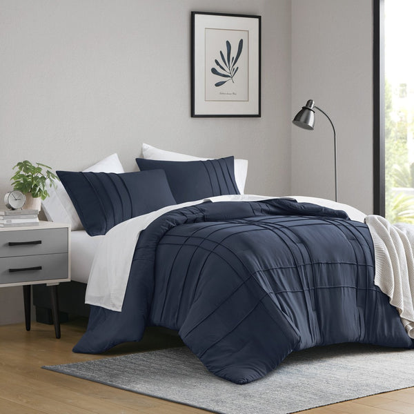 English Elm 3-piece Cal King Pintuck Pleated Microfiber Comforter Set Soft Washed Tailored Bedding Navy B035P463227